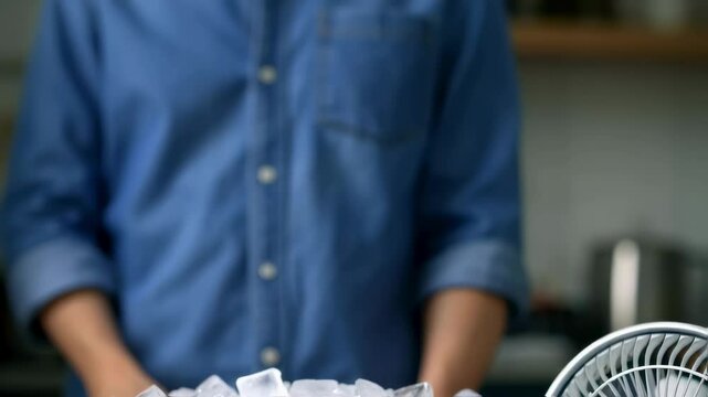 A medium closeup of a person filling a large bowl with ice cubes beside a small desk fan droplets of water glistening as the cubes spill into the bowl.