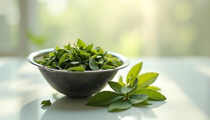 Fresh basil leaves in a metal bowl, ready for cooking or use as a garnish.  Sunlight illuminates the vibrant green herbs.