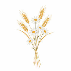 A charming bouquet of daisies and wheat stalks, tied together.