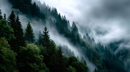 A vintage-style foggy forest on a mountain, where the green and grey tones merge with the mist, creating a dreamy, nostalgic atmosphere.