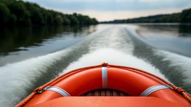 A medium closeup of a rescue tube being deployed from a rescue boat showing the splash of water as it enters the river emphasizing quick response in critical moments.