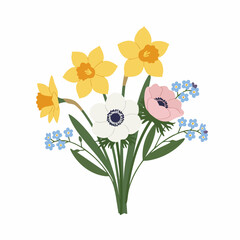 A cheerful bouquet of spring flowers in vibrant colors.