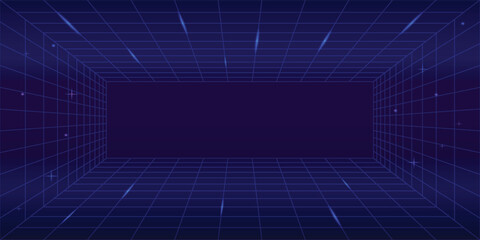 Retro cyberpunk style 80s game scene pixel art 8-bit sci-fi background. glowing neon grid and stars from vintage arcade computer games.