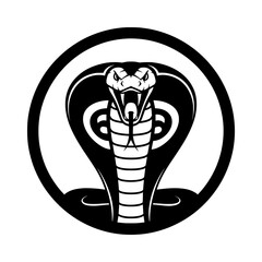 Fototapeta premium Vector illustration of a menacing and charismatic cobra snake head in black style, set within a circle. 