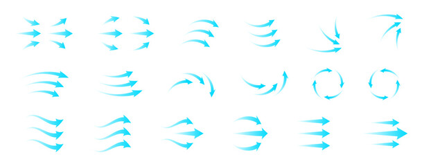 Modern air flow icon set with blue arrows and circular wave motion. Represents ventilation, filtration and purification system. Transparent vector symbols for HVAC home electronics infographic design