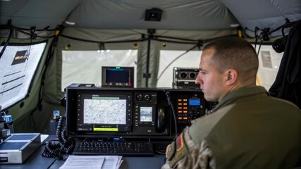 A medium closeup of a tactical communication console within a command tent featuring a mix of radios satellite phones and digital displays with a first responder focused on - Powered by Adobe