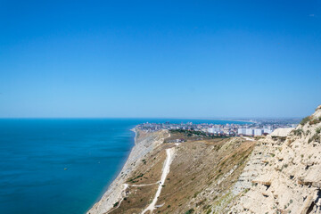 A stunning panoramic view of the seascape of the Black Sea, the Anapa Bay, the foot of the Caucasus...
