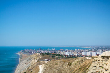 A stunning panoramic view of the seascape of the Black Sea, the Anapa Bay, the foot of the Caucasus...