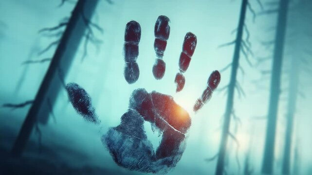 Mysterious handprint discovered in foggy forest setting reveals an intriguing mystery at dusk