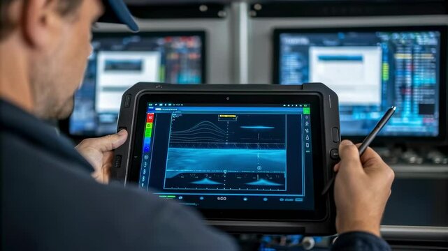 A medium closeup of a sonar technician analyzing 3D sonar data on a tablet highlighting the advanced graphical representation of underwater topography and vehicle outlines.