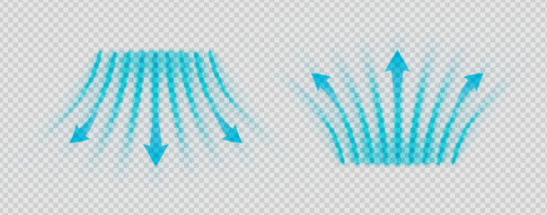 Cool air flow swirl with dynamic blue waves and abstract vortex motion. Clean breeze, suction stream and purification spray. Transparent vector element for ventilation or AC system concept.