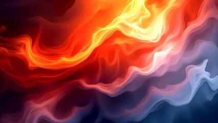 Obraz premium Abstract flowing waves of fiery red, orange, and cool blue hues blend seamlessly in a dynamic, ethereal smoke-like pattern.