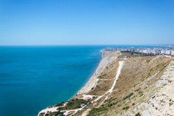 A stunning panoramic view of the seascape of the Black Sea, the Anapa Bay, the foot of the Caucasus...