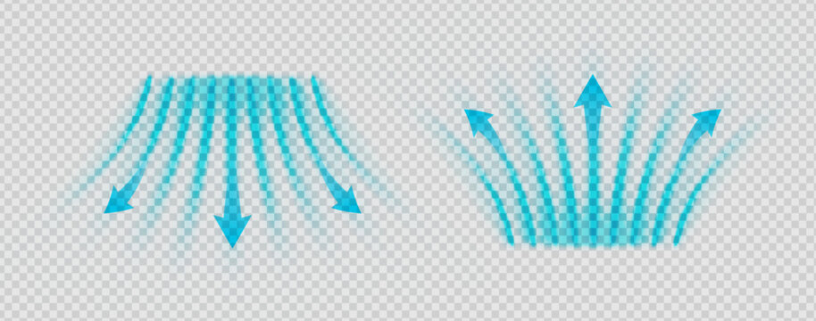 Cool air flow swirl with dynamic blue waves and abstract vortex motion. Clean breeze, suction stream and purification spray. Transparent vector element for ventilation or AC system concept.