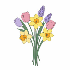Colorful Spring Bouquet of Daffodils, Tulips, and Grape Hyacinths.