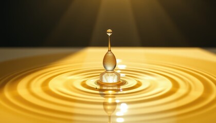 Water droplet creating ripples in golden liquid surface  