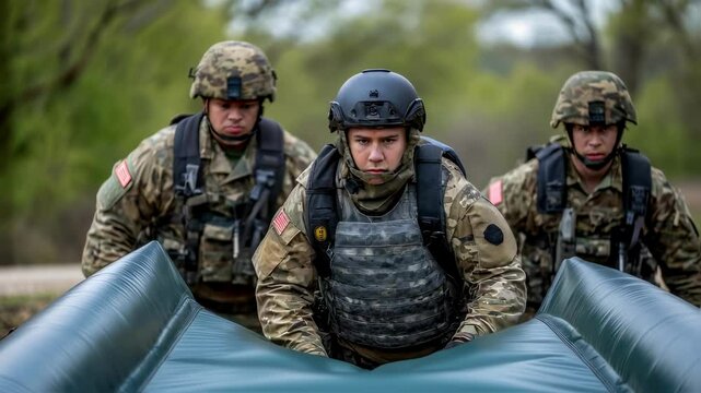 A medium closeup of soldiers in tactical gear skillfully guiding an airdropped inflatable bridge as it unfurls with clear focus on their concentrated expressions and the