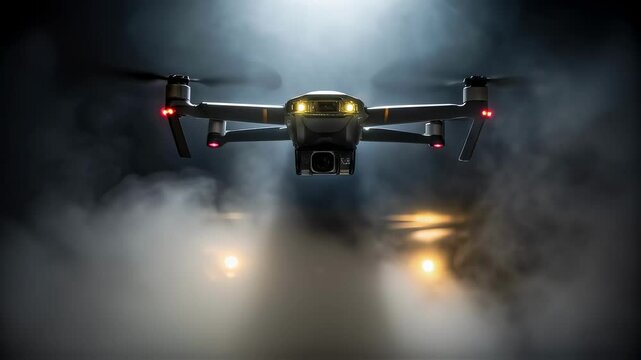 A medium closeup of the drone hovering within a smokefilled interior its bright LED lights piercing through the darkness demonstrating its ability to illuminate hazardous
