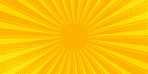 Obraz premium Abstract orange comic background. Art pop cartoon backdrop. Halftone effect pattern. Fun anime texture. Starburst manga style bg. Mark popart radial gradient. Spiral, swirl, comic rays.