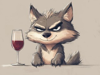 full body, a cute, angry adorable wolf is drinking wine, elegant, minimalist, children's drawing 