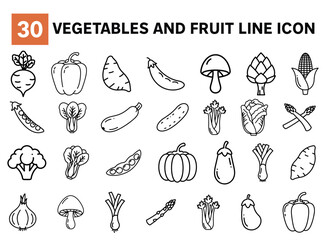 Fruit and Vegetables Line Icon Set &ndash; Healthy Food Outline Symbols, Organic Farm Products, Minimal Vector Collection for Diet, Grocery, and Vegan Nutrition