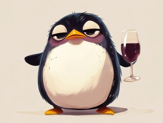 full body, a cute, angry adorable penguin is drinking wine, elegant, minimalist, children's drawing 