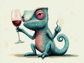 full body, a cute, angry adorable chameleon is drinking wine, elegant, minimalist, children's drawing 