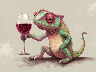 full body, a cute, angry adorable chameleon is drinking wine, elegant, minimalist, children's drawing 