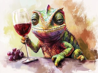 full body, a cute, angry adorable chameleon is drinking wine, elegant, minimalist, children's drawing 