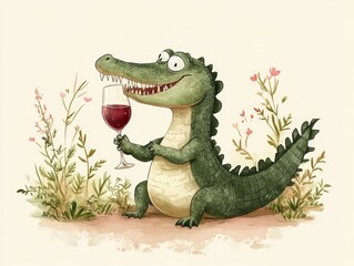 full body, a cute, angry adorable crocodile is drinking wine, elegant, minimalist, children's drawing 