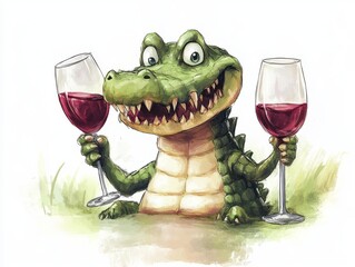 full body, a cute, angry adorable crocodile is drinking wine, elegant, minimalist, children's drawing 