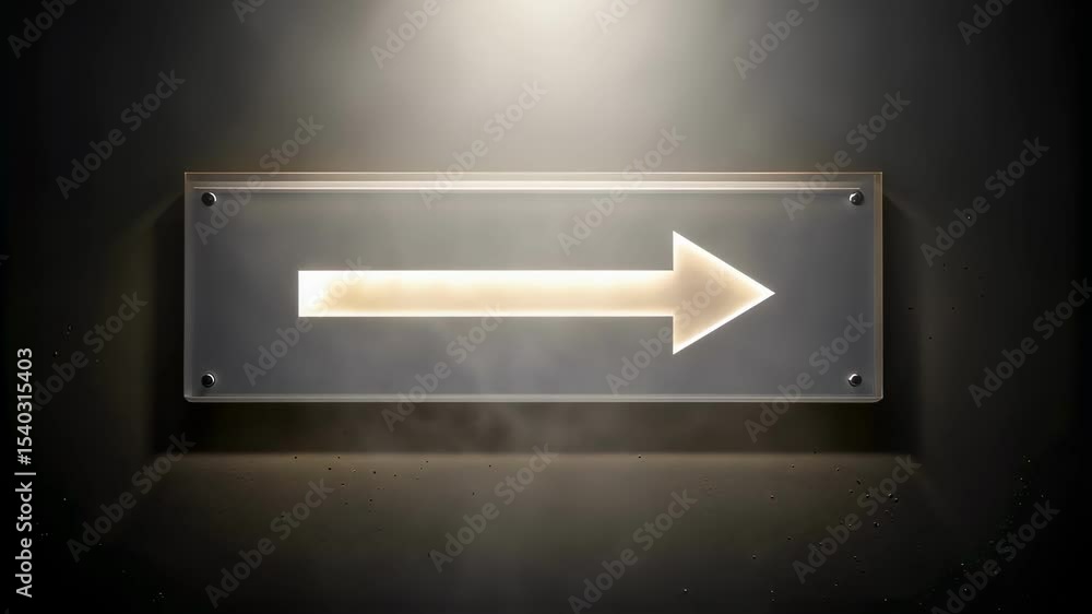 Poster A medium closeup showcasing a directional sign that glows softly mounted on a wall with dust particles illuminated creating a mystical effect in the dim light.