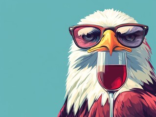 full body, a cute, angry adorable eagle is drinking wine, elegant, minimalist, children's drawing 