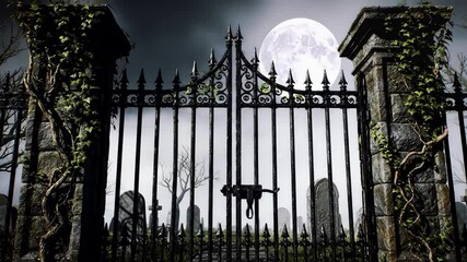 Wrought iron cemetery gates half-open, creaking in the wind as thick black fog slowly spills through the bars. Vines creep along the stone pillars, and the moon glows faintly above - Powered by Adobe