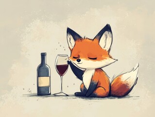 Cute angry fox drinks wine from glass. colored pencil drawing of funny animal on white background. Creative animal concept. Isolated on backdrop, commercial. digital art, faceted, minimal	