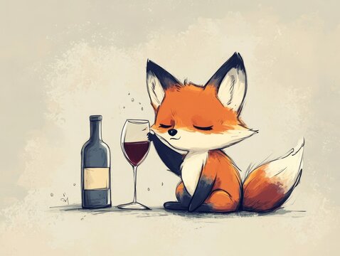 Cute angry fox drinks wine from glass. colored pencil drawing of funny animal on white background. Creative animal concept. Isolated on backdrop, commercial. digital art, faceted, minimal	