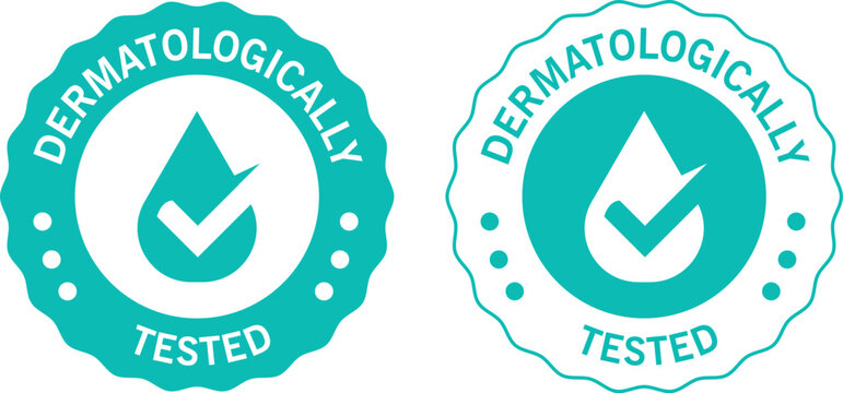 dermatologically tested badge icons with checkmark in water drop shape for skin-safe product label	