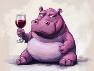 Cute angry hippo drinks wine from glass. colored pencil drawing of funny animal on white background. Creative animal concept. Isolated on backdrop, commercial. digital art, faceted, minimal	