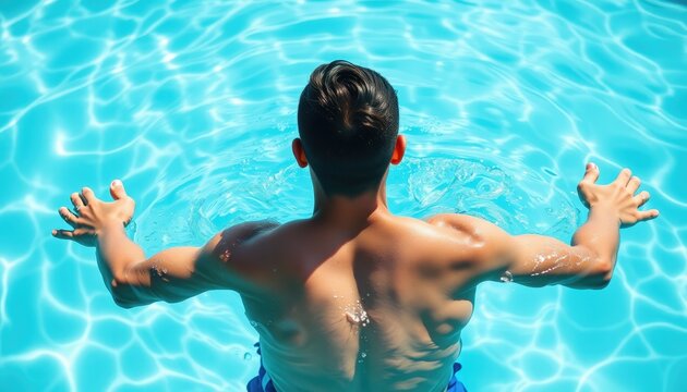 Young man relaxing in swimming pool with clear blue water  
