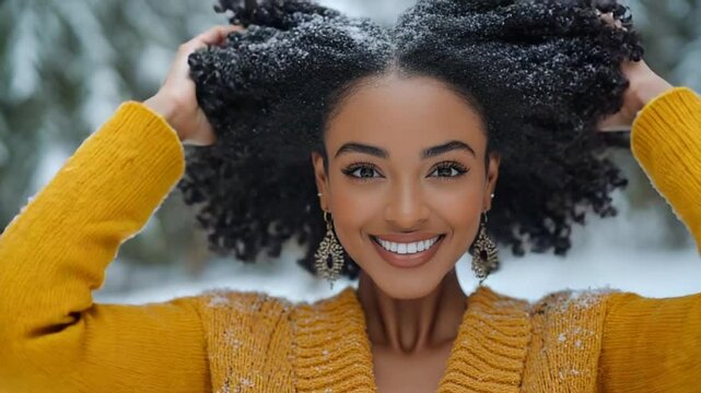 Happy Woman Winter Snow Forest Portrait.