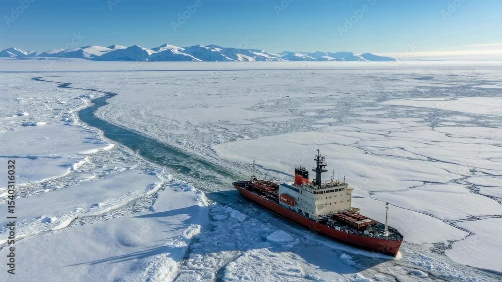 Poster An aerial view of the icebreaker surrounded by vast white ice fields and a distant mountainous horizon showcasing the vastness of the Arctic wilderness and the isolation of the