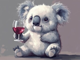 Cute angry koala drinks wine from glass. colored pencil drawing of funny animal on white background. Creative animal concept. Isolated on backdrop, commercial. digital art, faceted, minimal	