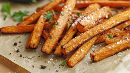 Crispy air fried carrot fries served on a rustic plate with dipping sauce, healthy vegan snack or side dish option for clean eating and plant-based diets




