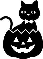 Halloween pumpkin with black cat Silhouette isolated.
Cute black cat flat cartoon vector illustration. 
Transparent background. SVG file.
