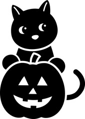 Halloween pumpkin with black cat Silhouette isolated.
Cute black cat flat cartoon vector illustration. 
Transparent background. SVG file.
