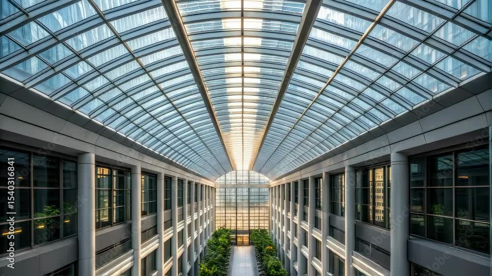 Poster an overhead perspective of a buildings atrium showcasing a series of smoke vents deployed along the 