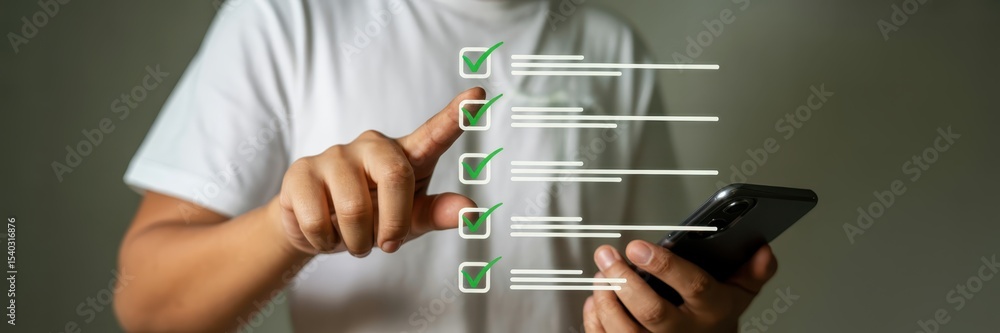 Aufkleber person using a mobile phone to mark tasks on a checklist.