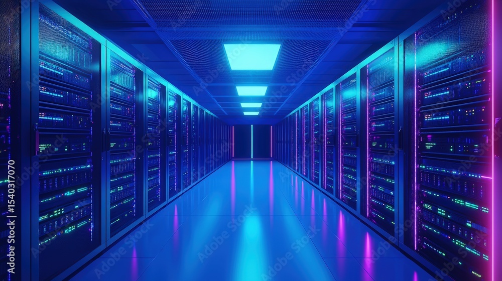 Aufkleber 3D rendering of a high-tech blue server room with glowing neon lights and rows of digital data racks, ideal for cloud computing, cybersecurity, and futuristic tech visuals