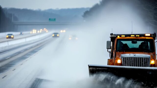 A snowy highway scene with a snowclearing vehicle in action flinging powdery snow to the side capturing the dynamic movement and energy involved.