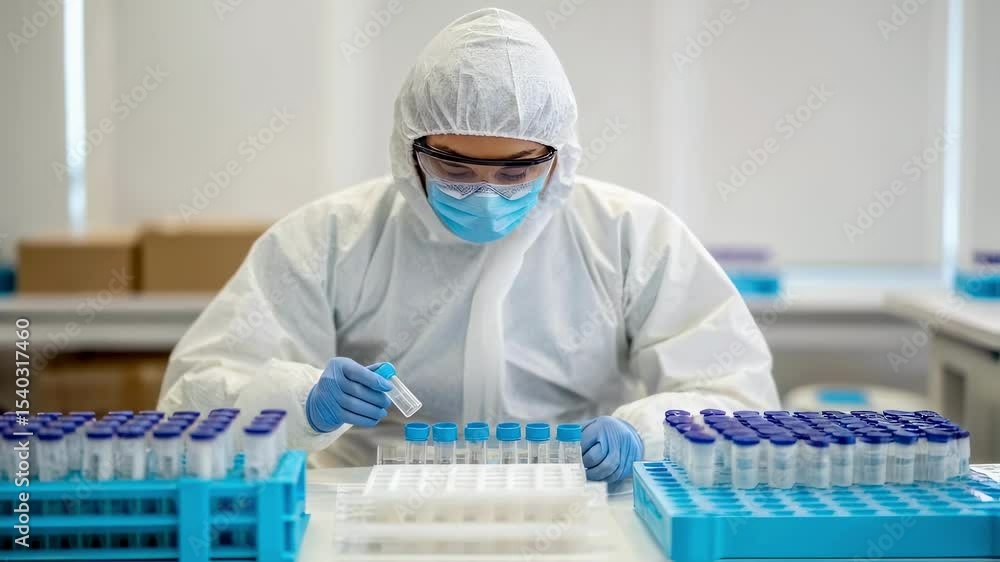 Poster scientist wearing protective suit working with test tubes in laboratory